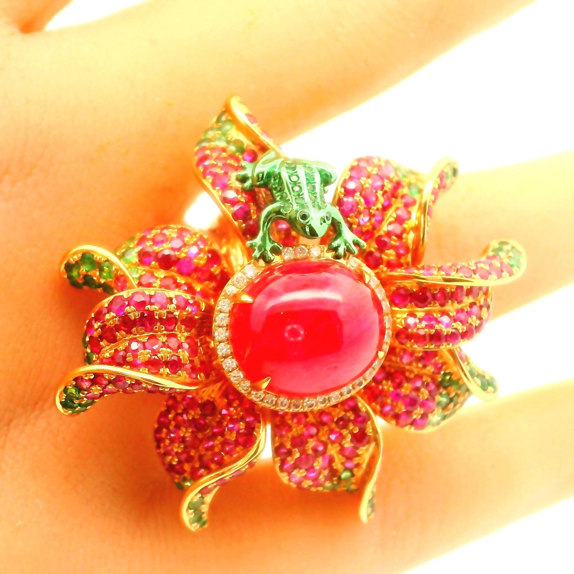 Ruby Tsavorite-Garnet Diamond 18k Rose Gold Floral-Frog Cocktail Ring