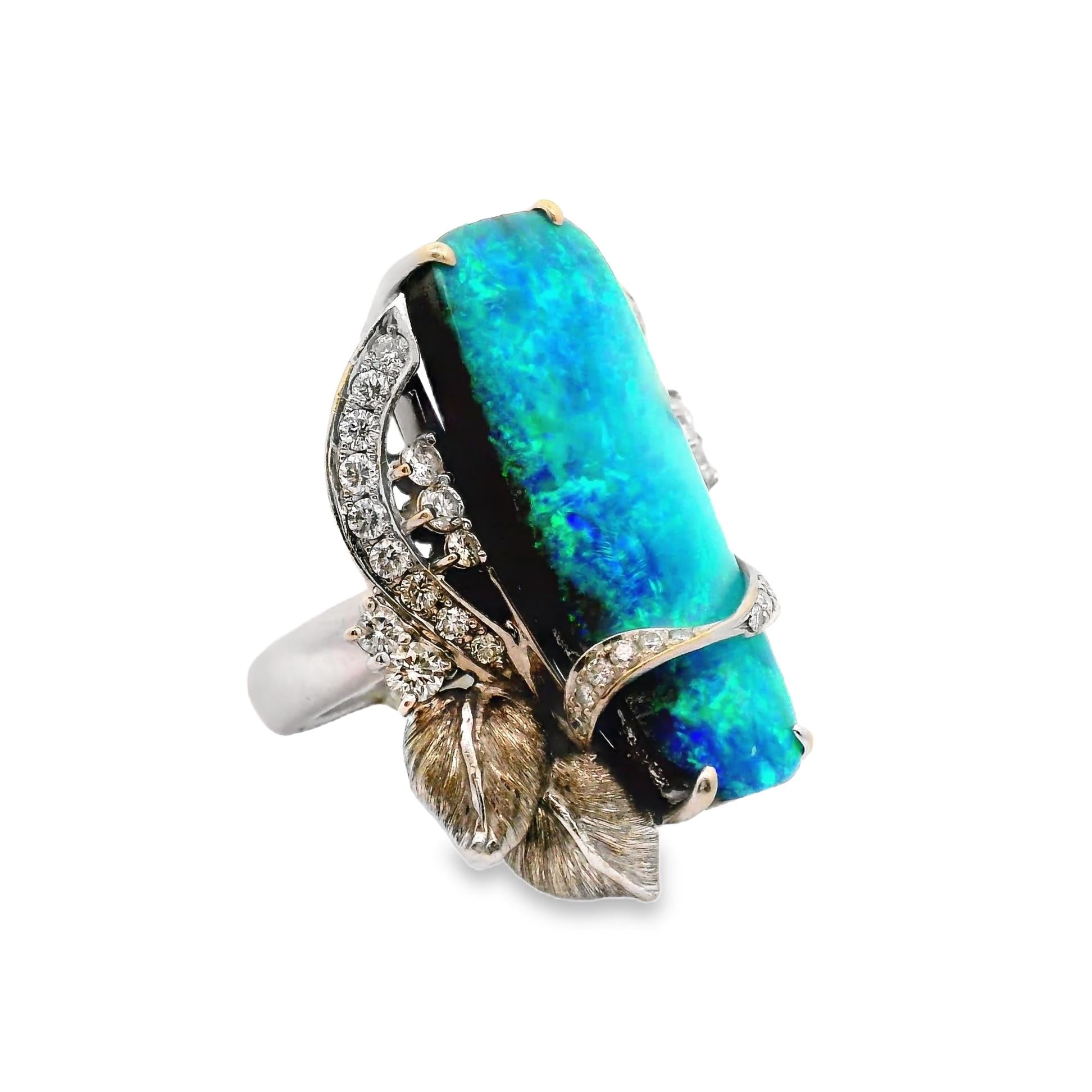 16.39 Carat Australian Boulder Opal Diamond Platinum Floral Cocktail Ring