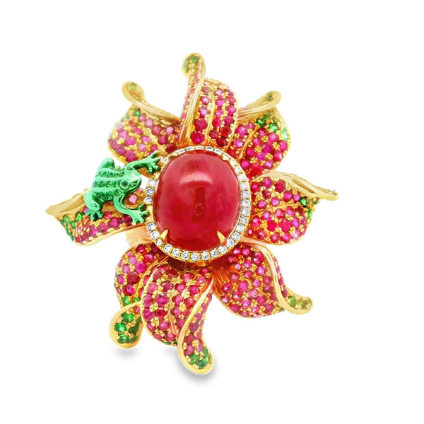 Ruby Tsavorite-Garnet Diamond 18k Rose Gold Floral-Frog Cocktail Ring