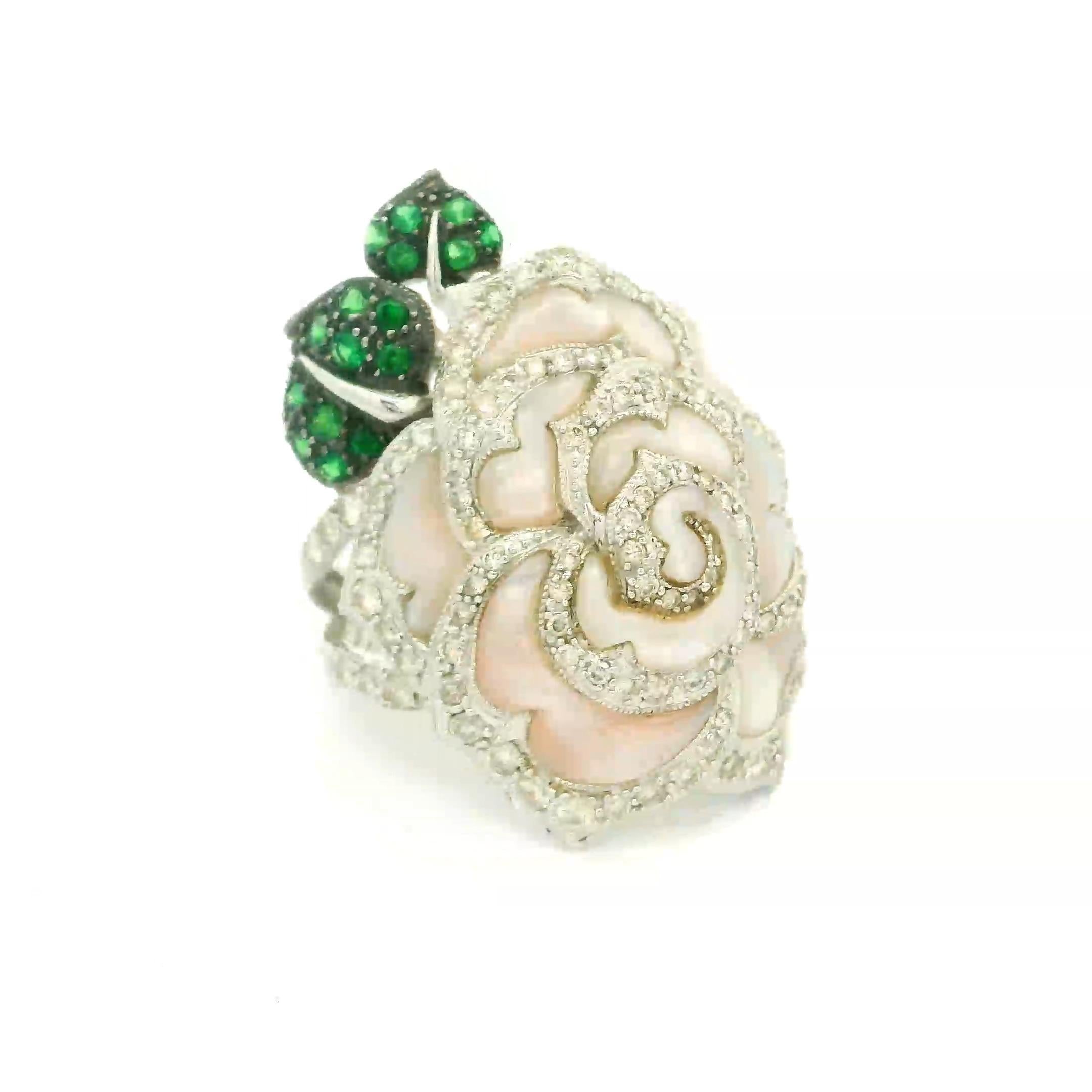 Mother-of-Pearl Diamond Tsavorite 18k White Gold Rose Flower Ring