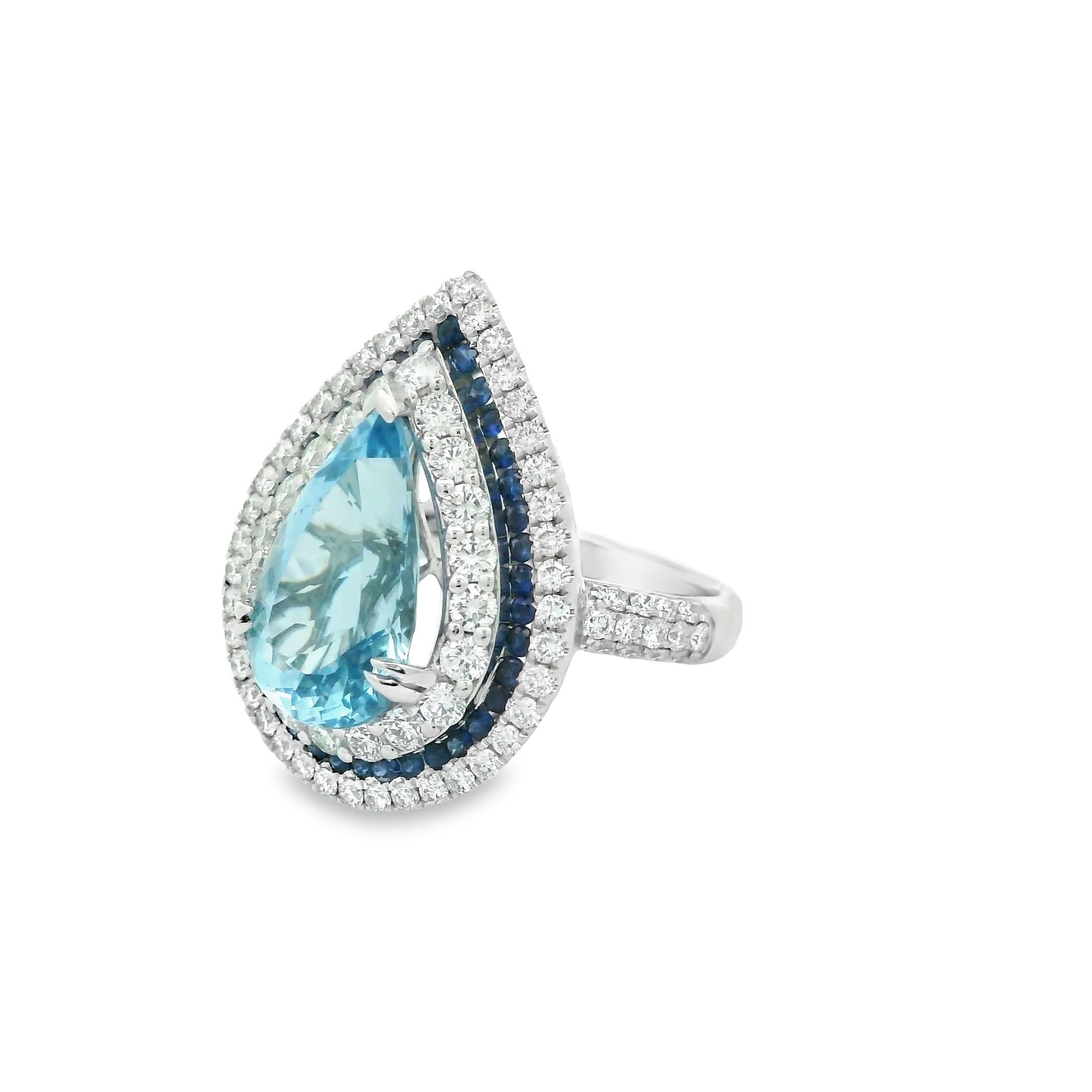 3.75 Carat Aquamarine Diamond Sapphire Multi-Halo 18k White Gold Ring