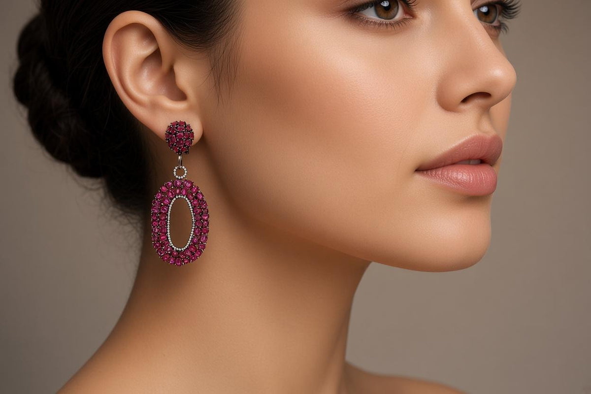 Estate Ruby Diamond 18K Gold Dangle Drop Earrings