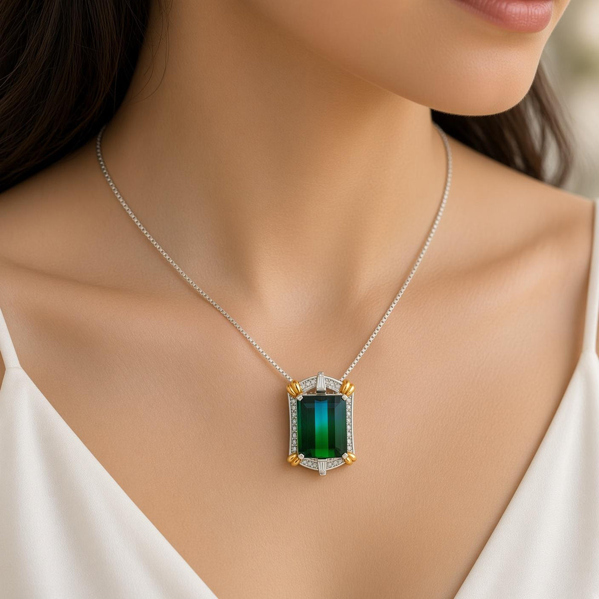 14.12 Carat Bi-Color Tourmaline Diamond 18K Gold & Platinum Pendant Necklace