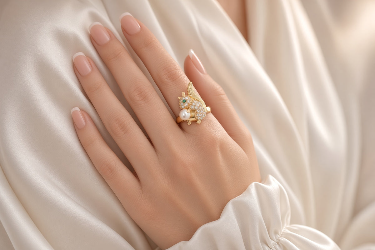Akoya Pearl Diamond Emerald 18K Yellow Gold Squirrel Ring
