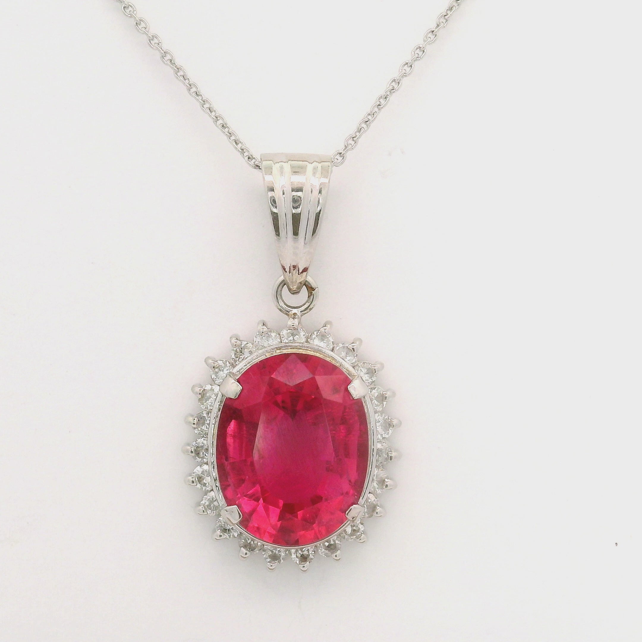 4.30 Carat Pink Tourmaline Diamond Platinum Halo Pendant Necklace