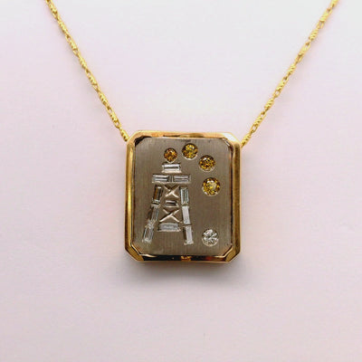 Diamond Frame 18k White & Yellow Gold Oil-Rig Pendant Chain