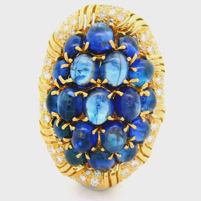 Vintage Blue Sapphire Diamond 18K Yellow Gold Cluster Brooch