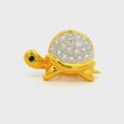 Vintage Diamond Emerald 18K Yellow Gold Cute Turtle Pin Pendant
