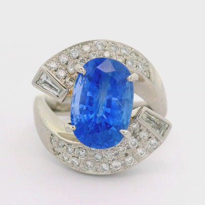 5.04 Carat Blue Ceylon Sapphire Diamond Platinum Bypass Ring, GIA Certified
