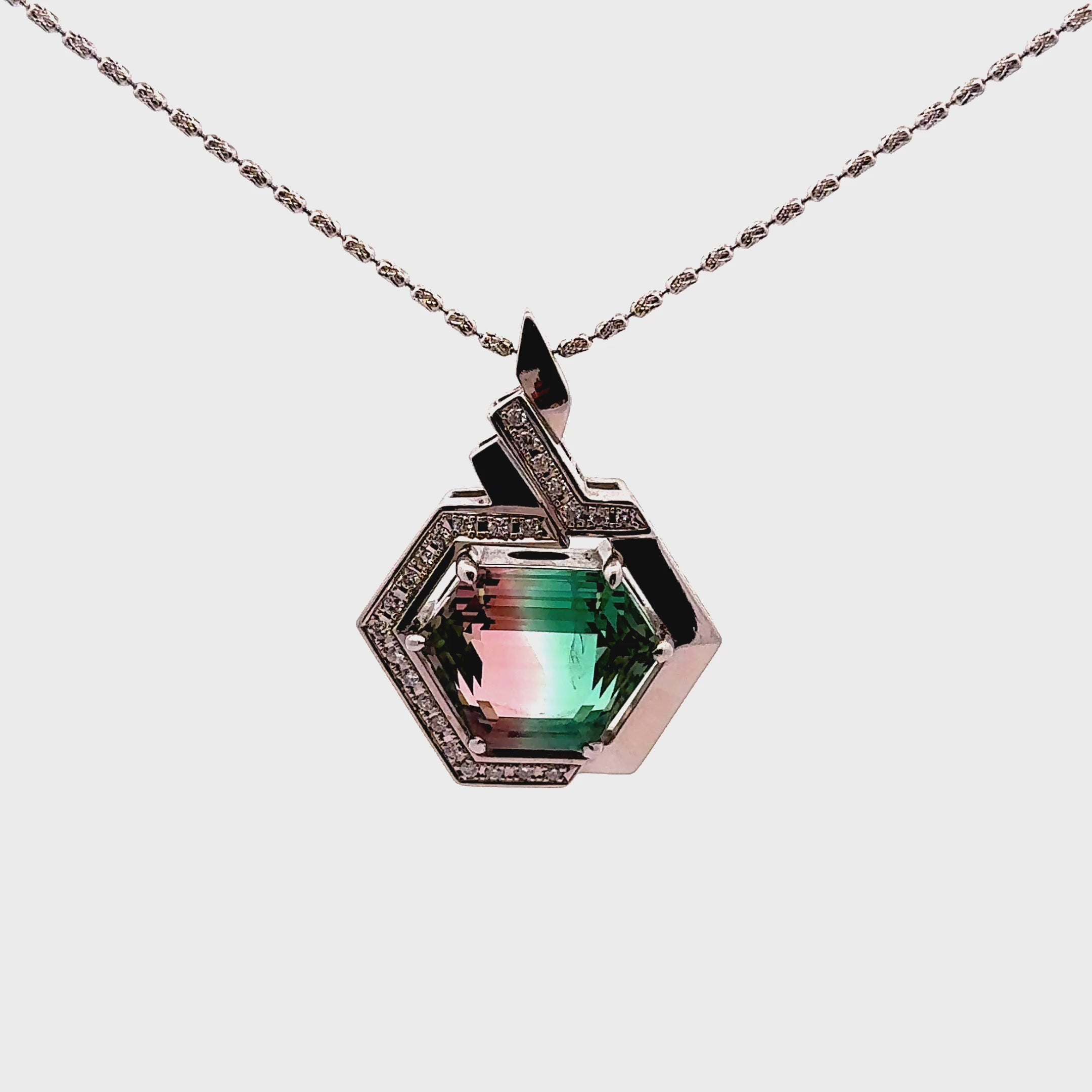 23.32 Carat Bi-color Tourmaline Diamond Platinum Hexagon Pendant