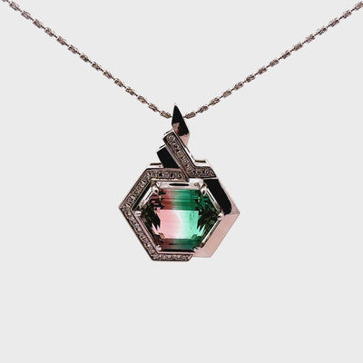 23.32 Carat Bi-color Tourmaline Diamond Platinum Hexagon Pendant