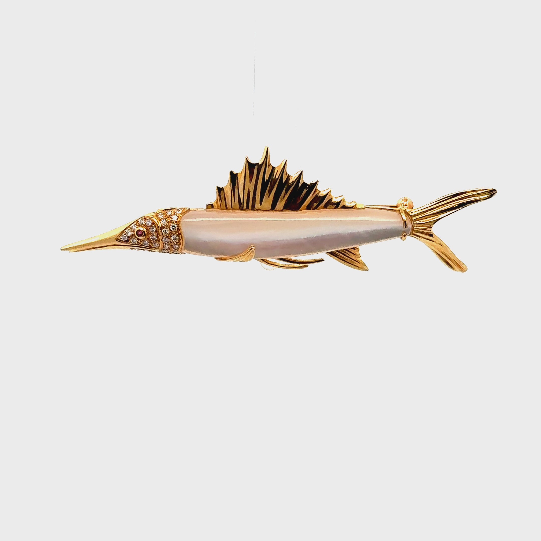 Mother-of-Pearl Diamond 18k Yellow Gold Marlin Fish Brooch