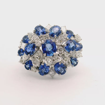 Blue Sapphire Diamond 18k White Gold Cluster Ring