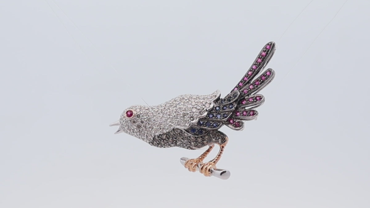 Vintage Diamond Ruby Sapphire 18K Gold Song-Bird Brooch