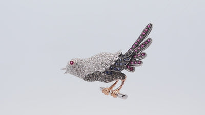 Vintage Diamond Ruby Sapphire 18K Gold Song-Bird Brooch