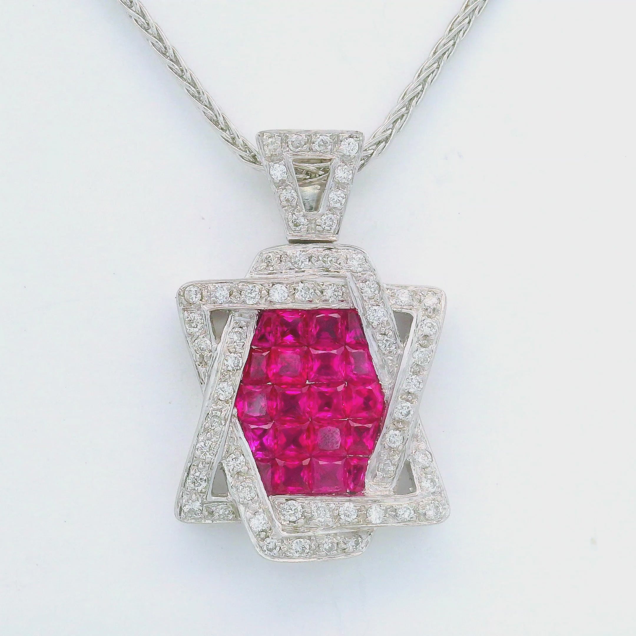 Ruby Diamond Star of David 18k White Gold Pendant