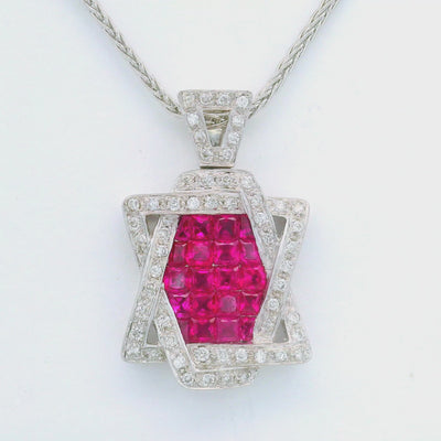 Ruby Diamond Star of David 18k White Gold Pendant