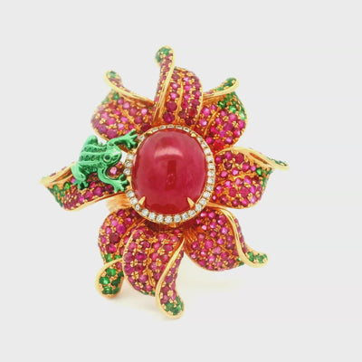 Ruby Tsavorite-Garnet Diamond 18k Rose Gold Floral-Frog Cocktail Ring