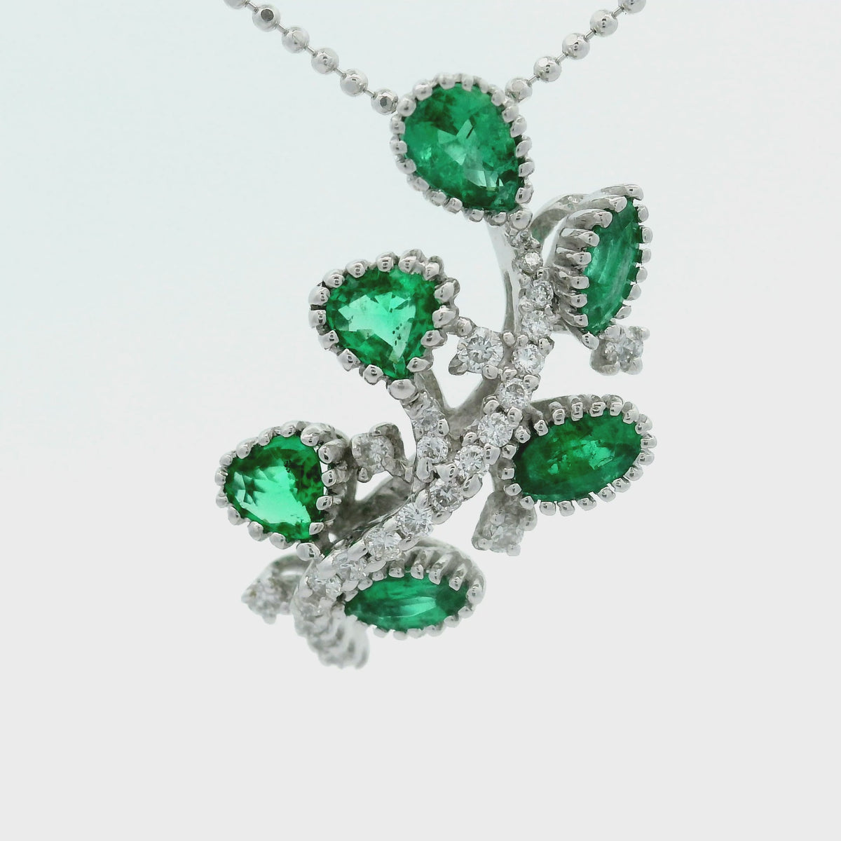 Estate Emerald Diamond 18K White Gold Vine Pendant