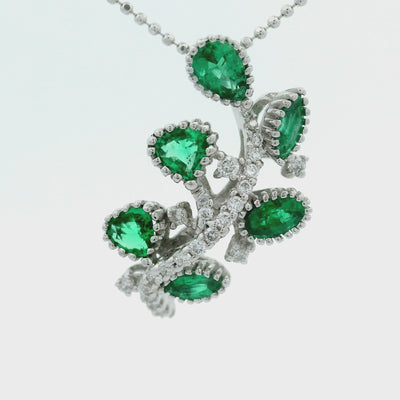 Estate Emerald Diamond 18K White Gold Vine Pendant