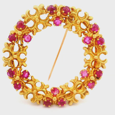 Vintage Tiffany and Co. Ruby 18K Yellow Gold Wreath Brooch