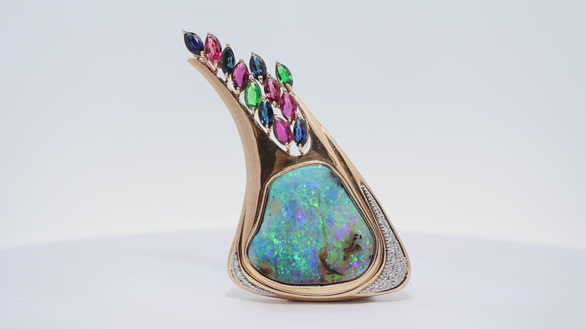 Australian Boulder Opal Sapphire Ruby Tsavorite Diamond 18K Yellow Gold Brooch