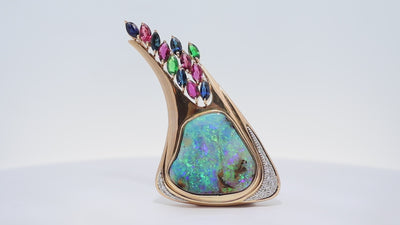 Australian Boulder Opal Sapphire Ruby Tsavorite Diamond 18K Yellow Gold Brooch