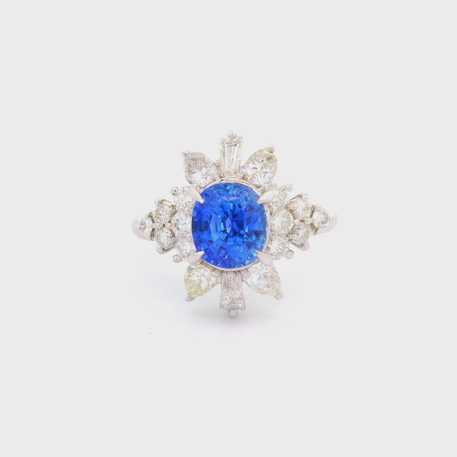 2.29 Carat Blue Sapphire Diamond Platinum Starburst Ring