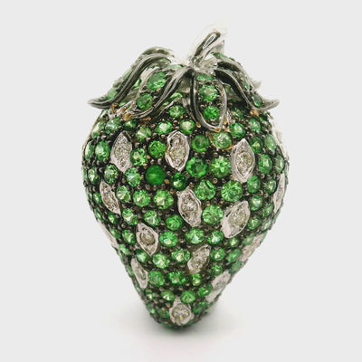 Tsavorite Diamond 18K White Gold Strawberry Brooch Pendant