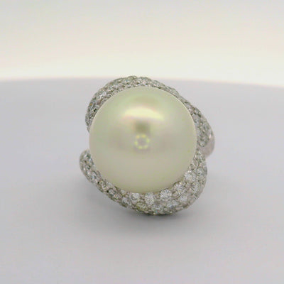 14.5 MM South Sea Pearl Diamond 18K White Gold Ring