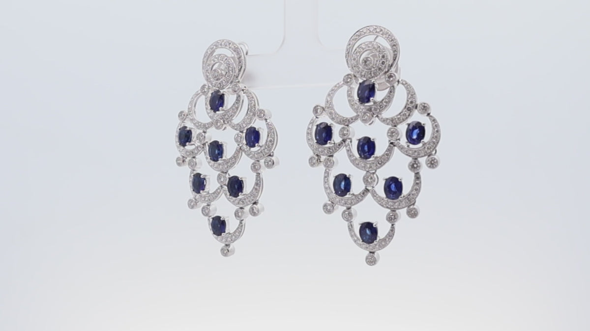 Estate Blue Sapphire Diamond 18K White Gold Chandelier Drop Earrings