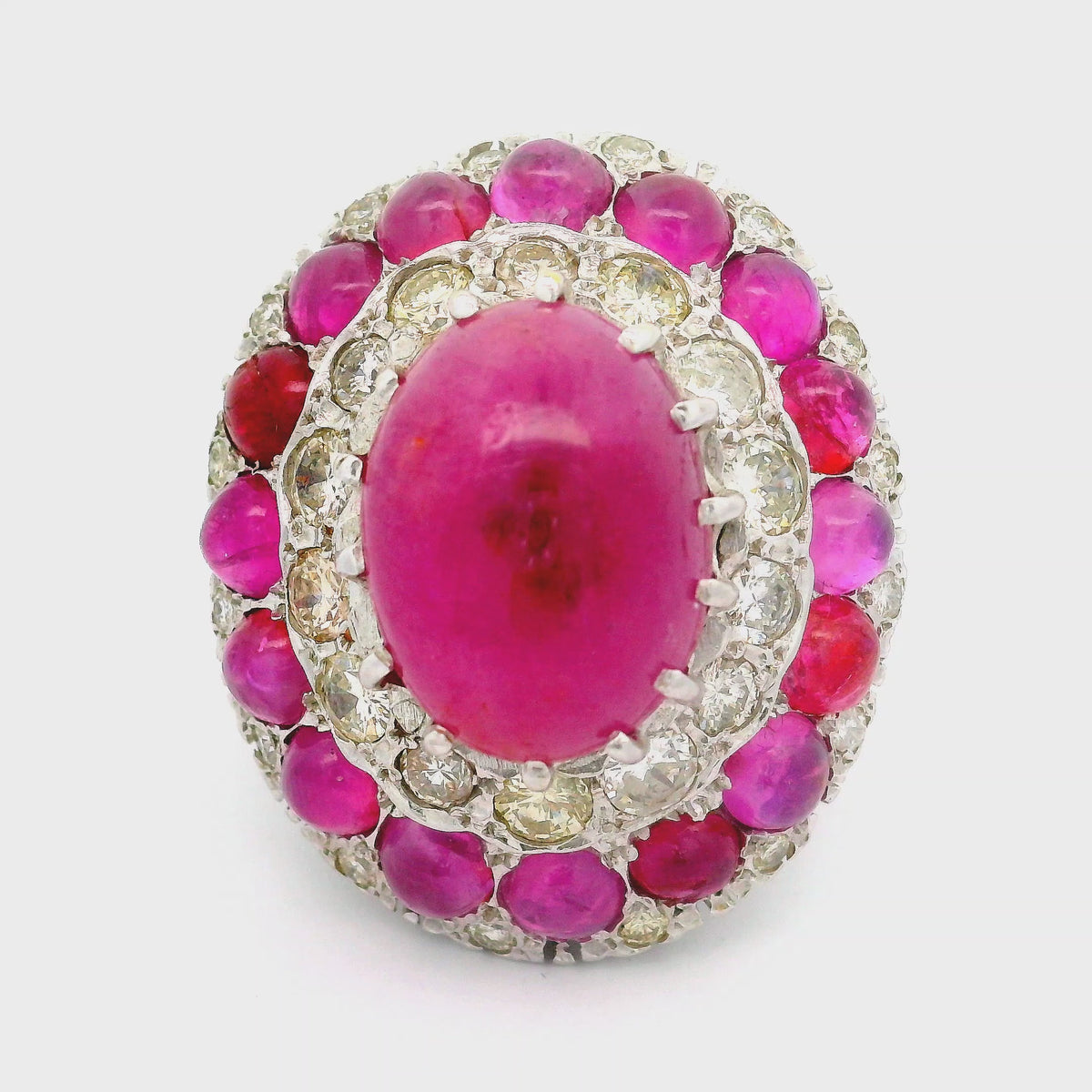 Antique-Style Ruby Diamond 18K White Gold Double Halo Cocktail Ring