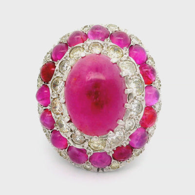 Antique-Style Ruby Diamond 18K White Gold Double Halo Cocktail Ring
