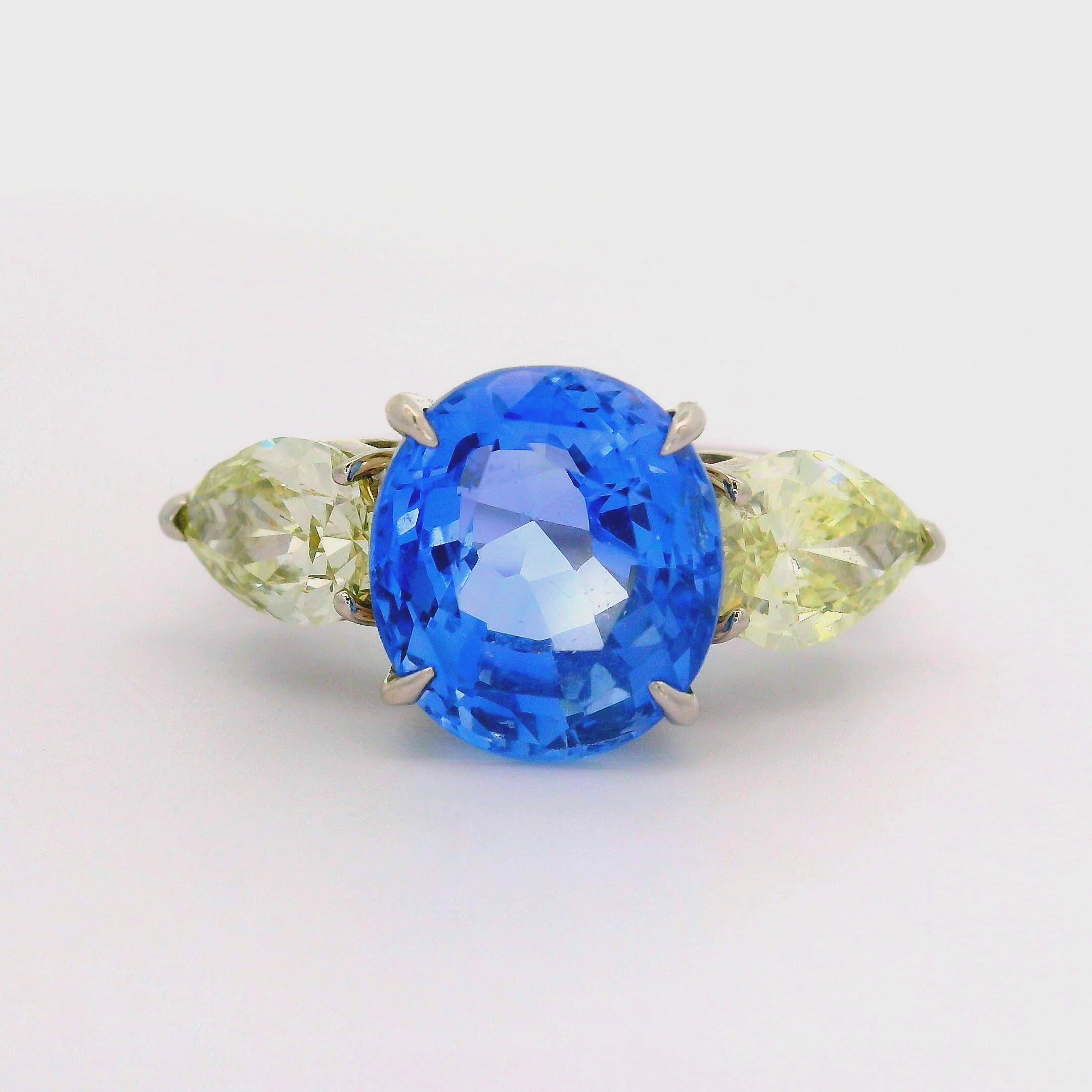 5.81 Carat No-Heat Blue Ceylon Sapphire Diamond Platinum Three-Stone Ring, GIA