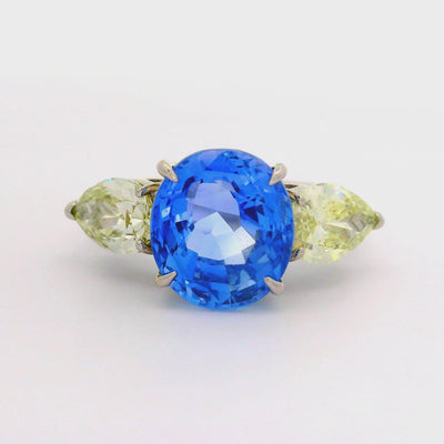 5.81 Carat No-Heat Blue Ceylon Sapphire Diamond Platinum Three-Stone Ring, GIA