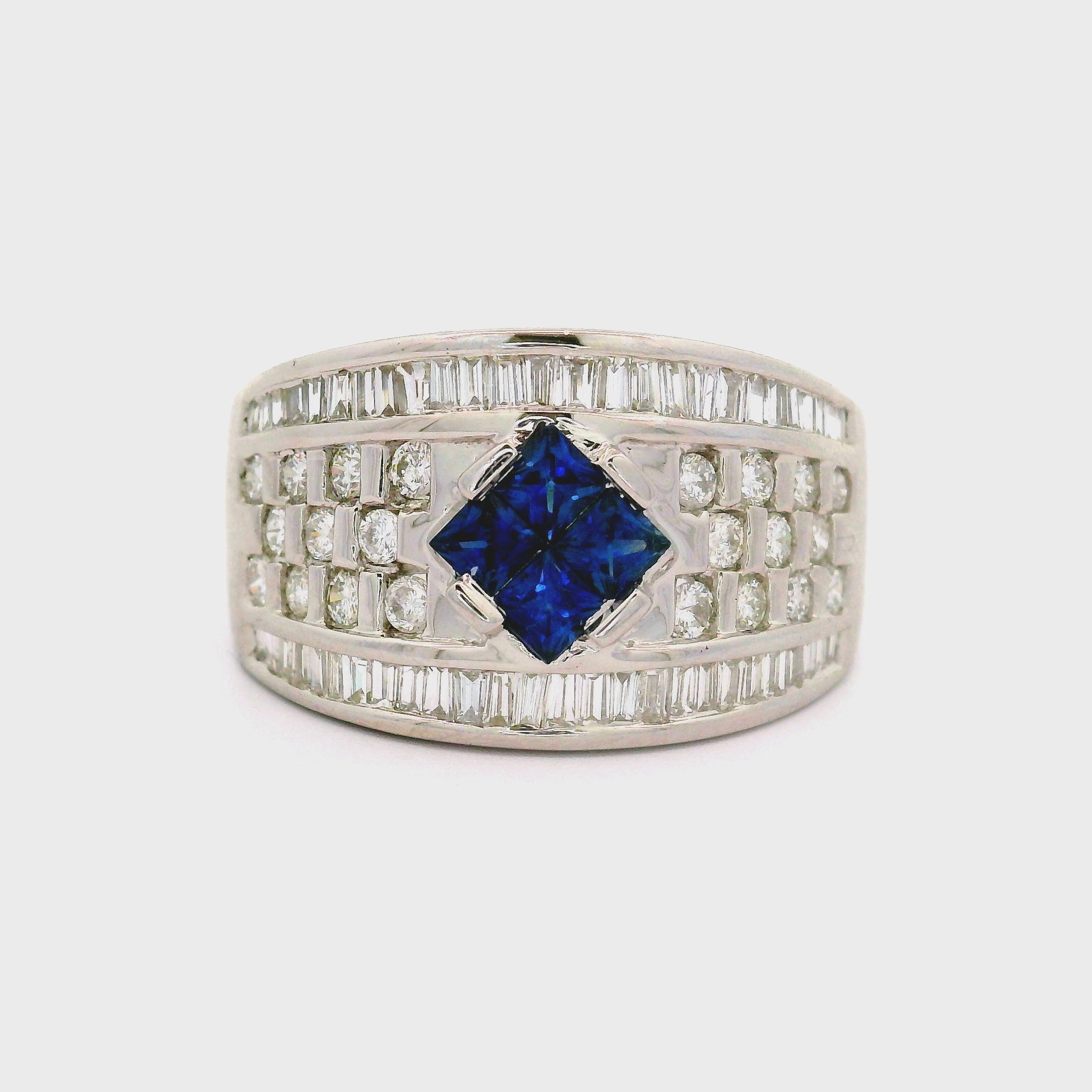 Vintage Blue Sapphire Diamond 18K White Gold Band Ring