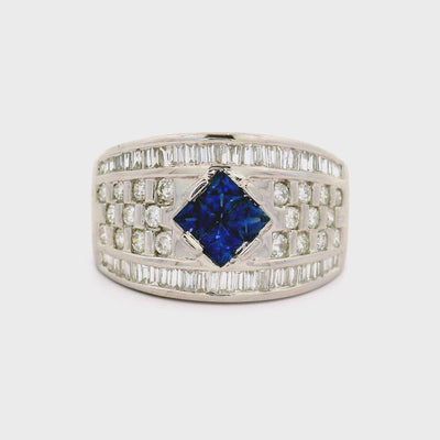Vintage Blue Sapphire Diamond 18K White Gold Band Ring
