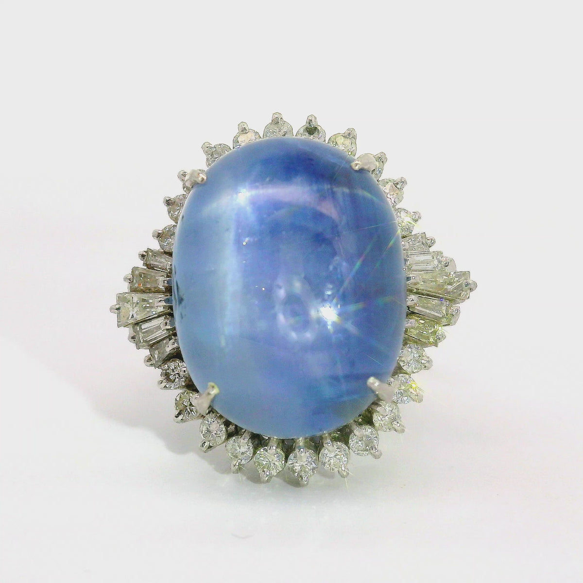 27.98 Carat Blue Star Sapphire Diamond Platinum Star-Burst Cocktail Ring