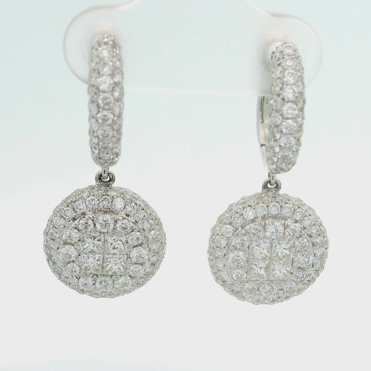 Diamond 18K White Gold Cluster Halo Huggie Drop Dangle Earrings