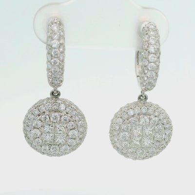 Diamond 18K White Gold Cluster Halo Huggie Drop Dangle Earrings