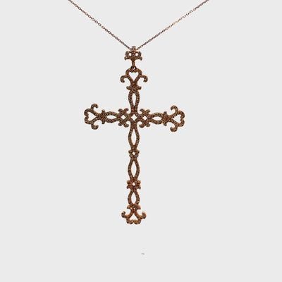 Diamond 18k Rose Gold Antique-Style Cross Pendant Necklace