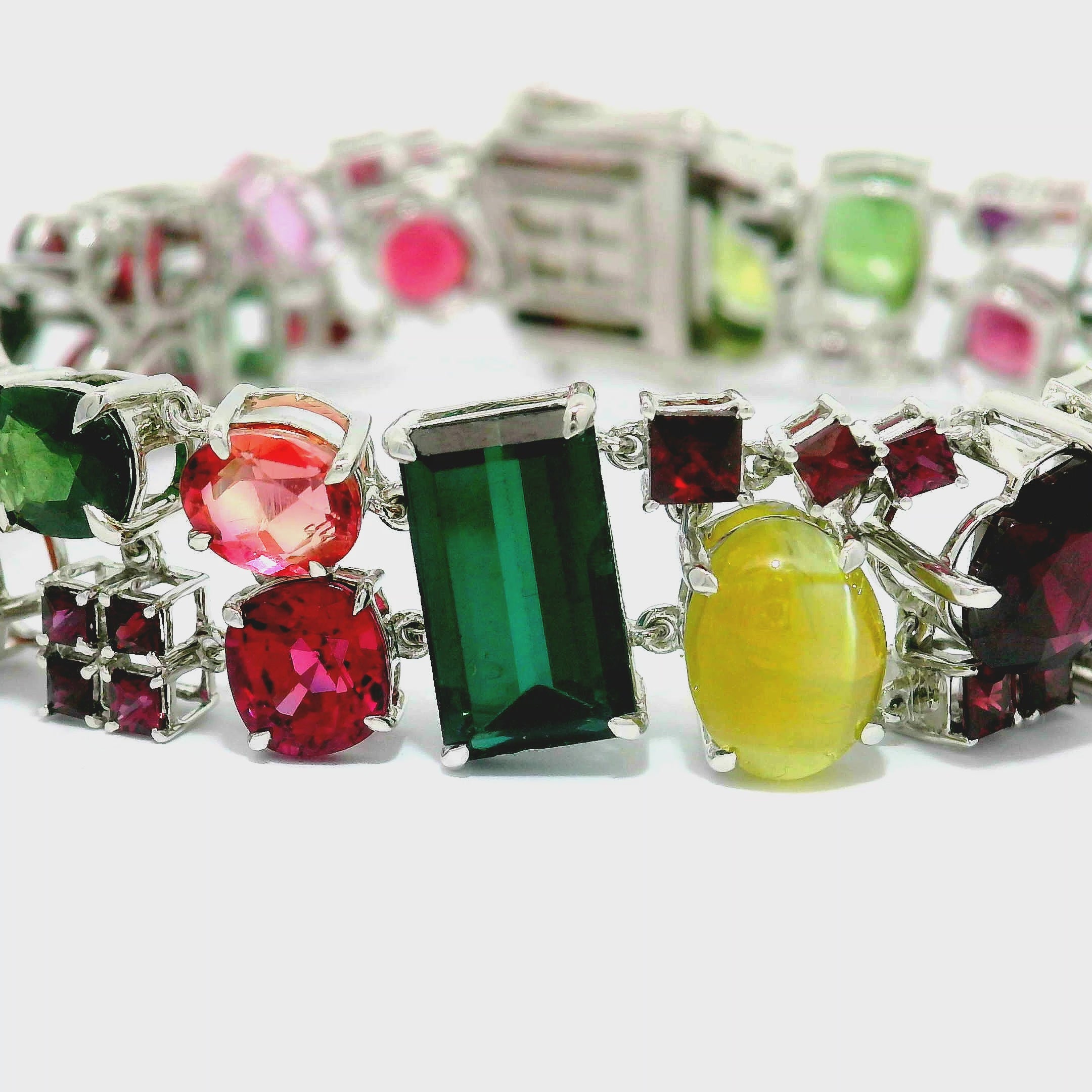 Multi-Colored Gemstones 14K White Gold Cluster Eternity Bracelet
