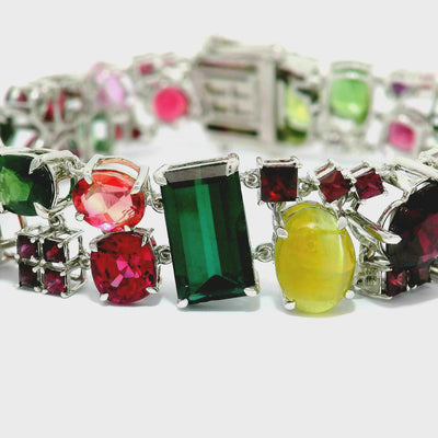 Multi-Colored Gemstones 14K White Gold Cluster Eternity Bracelet