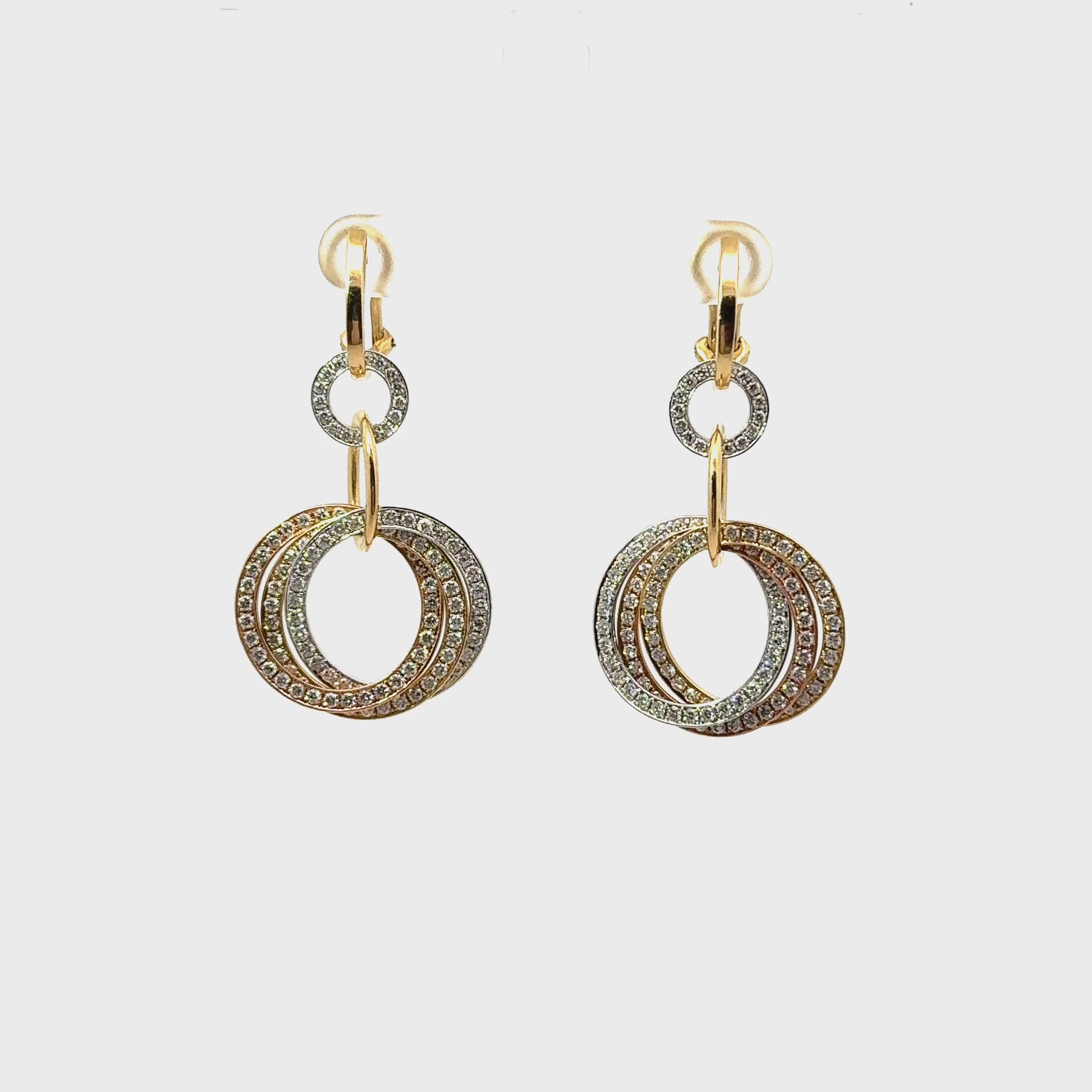 Diamond Interlocking Hoop Drop 18K Tri-Color Gold Earrings