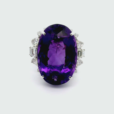 32.54 Carat Amethyst Diamond 18k White Gold Cocktail Ring