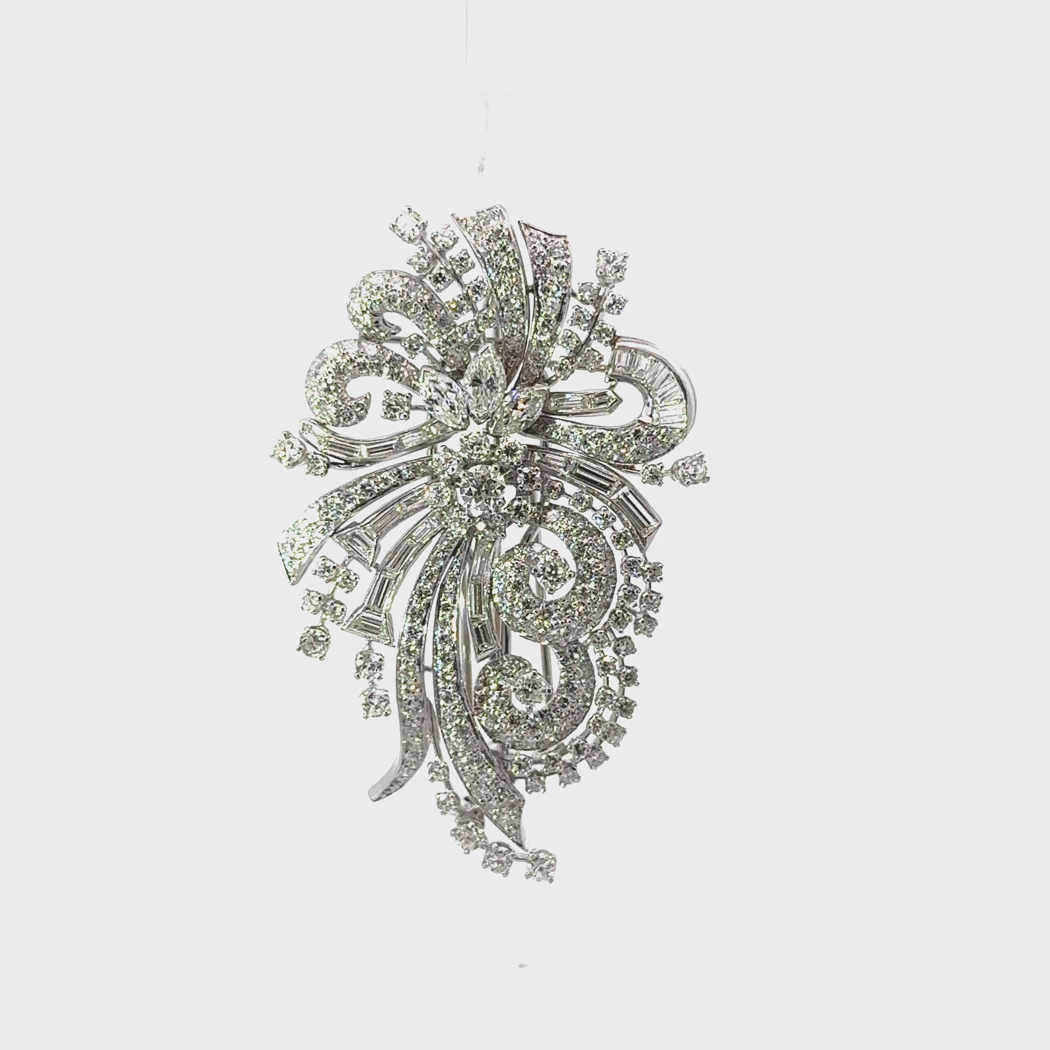 Mid-Century Diamond 18k White Gold Floral Spray Double-Clip Brooch