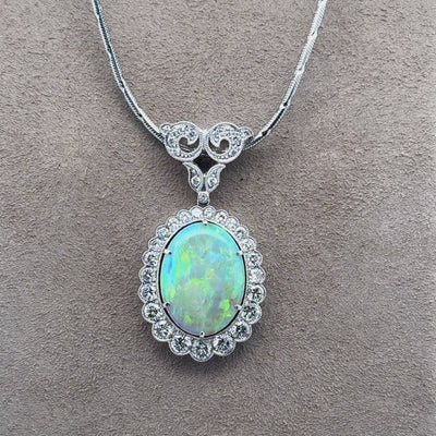 Australian Crystal Opal Diamond Platinum Pendant, Art-Deco Style