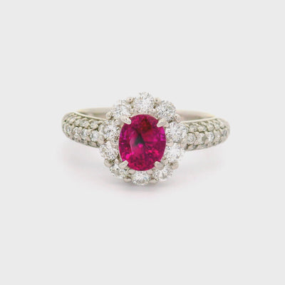 1.03 Carat No-Heat Burmese Ruby Diamond Platinum Halo Ring, AGL Certified