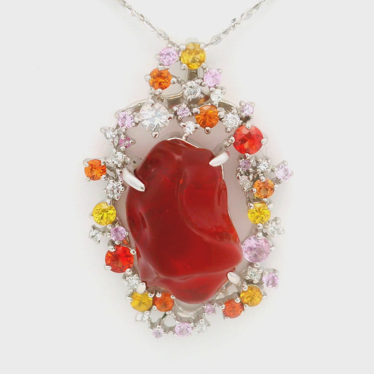 9.54 Carat Mexican Fire Opal Multi-Colored Sapphires 14K Gold Pendant Necklace