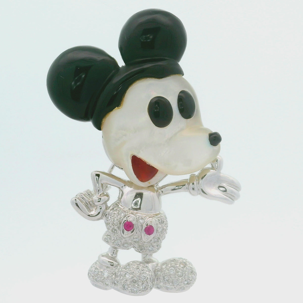 Diamond Black Onyx Mother of Pearls Pink Sapphire 18K White Gold Mouse Brooch